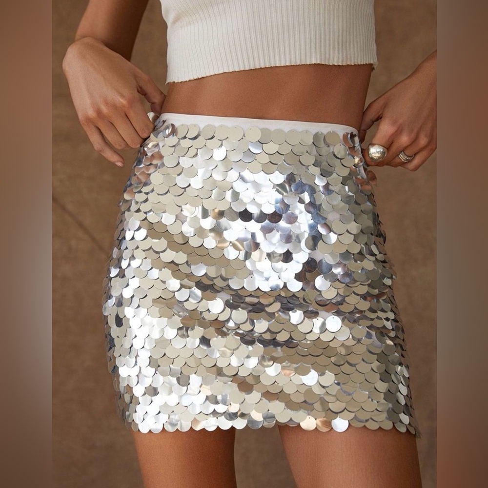 Silver Sequin Mini Skirt L